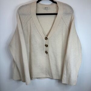 Madewell Cream Ribbed Merino Wool Blend V Neck Button Front Sweater Plus Size 2X